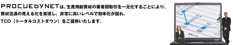 PROCUEbyNETは、生産用福資源の業者間取引を一元化することにより、資材流通の見える化を実現し、非常に高いレベルで効率化が図れ、TCO（トータルコストダウン）をご提供いたします。