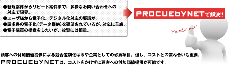 ●新案権からリピート案件まで、多様なお問い合わせへの対応で限界。●ユーザ様から電子化、デジタル化対応の要請が。●請求書の電子化（データ提供）を要望されているが、対応に苦慮。●電子購買の提案をしたいが、投資には慎重。　→PROCUEbyNETで解決!!　顧客への付加価値提供による競合差別化は今や企業として必須項目。但し、コストとの兼ね合いも重要。PROCUEbyNETはコストをかけずに顧客への付加価値提供が可能です。