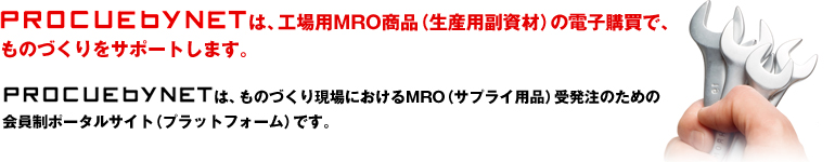 PROCUEbyNETは、工場用MRO商品（生産用副資材）の電子購買で、ものづくりをサポートします。PROCUEbyNETは、ものづくり現場におけるMRO（サプライ用品）受発注のための会員制ポータルサイト（プラットフォーム）です。